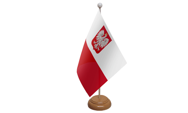 Poland Crest Small Flag with Wooden Stand
